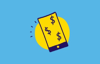 Illustration of a phone with dollar signs. On a yellow and blue background.