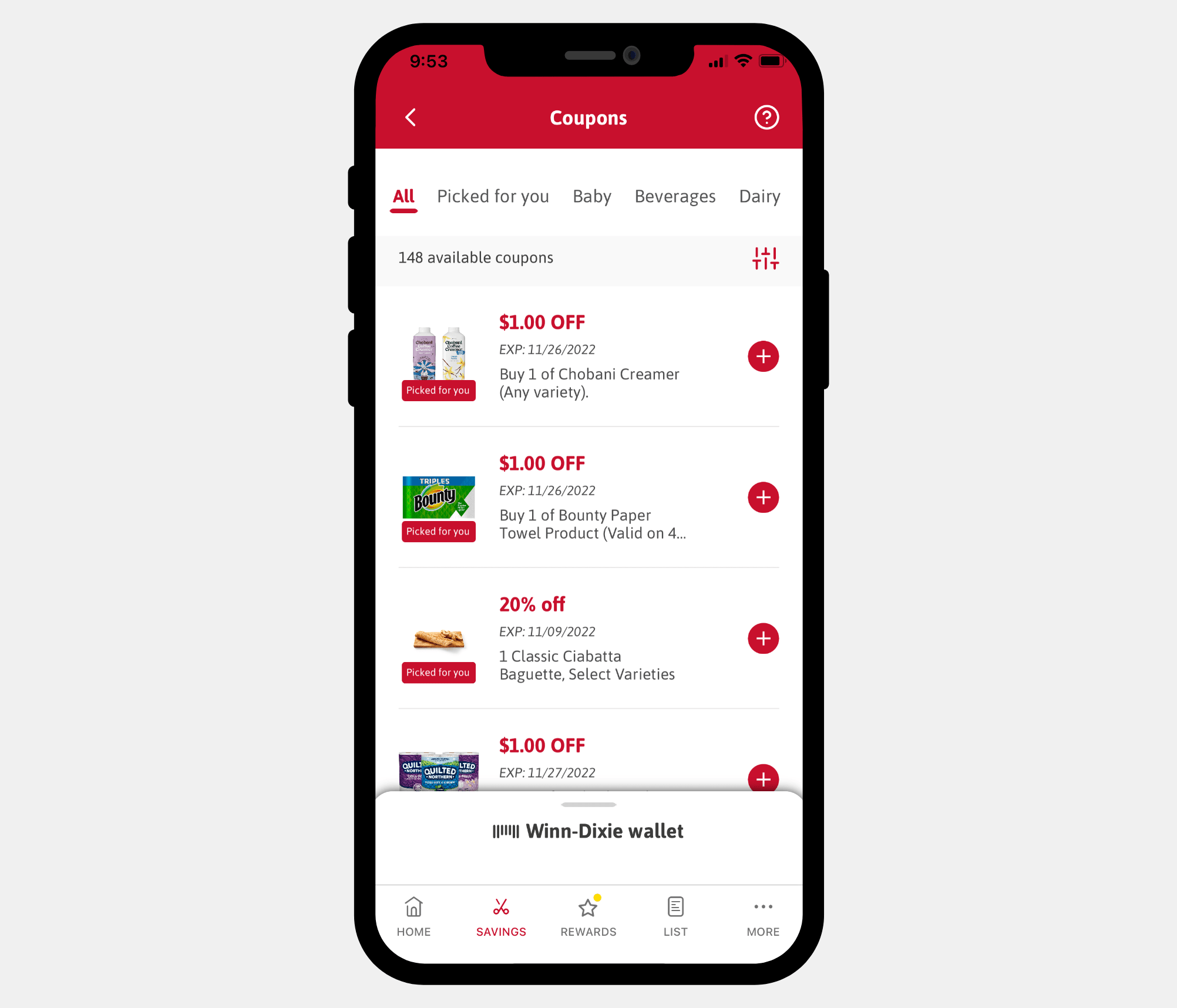 Image of the digital coupons feature on the Winn-Dixie app