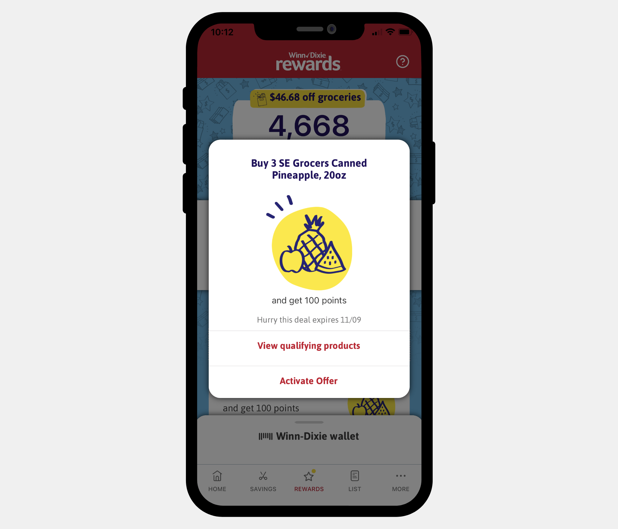 Image of the rewards offers feature on the Winn-Dixie app