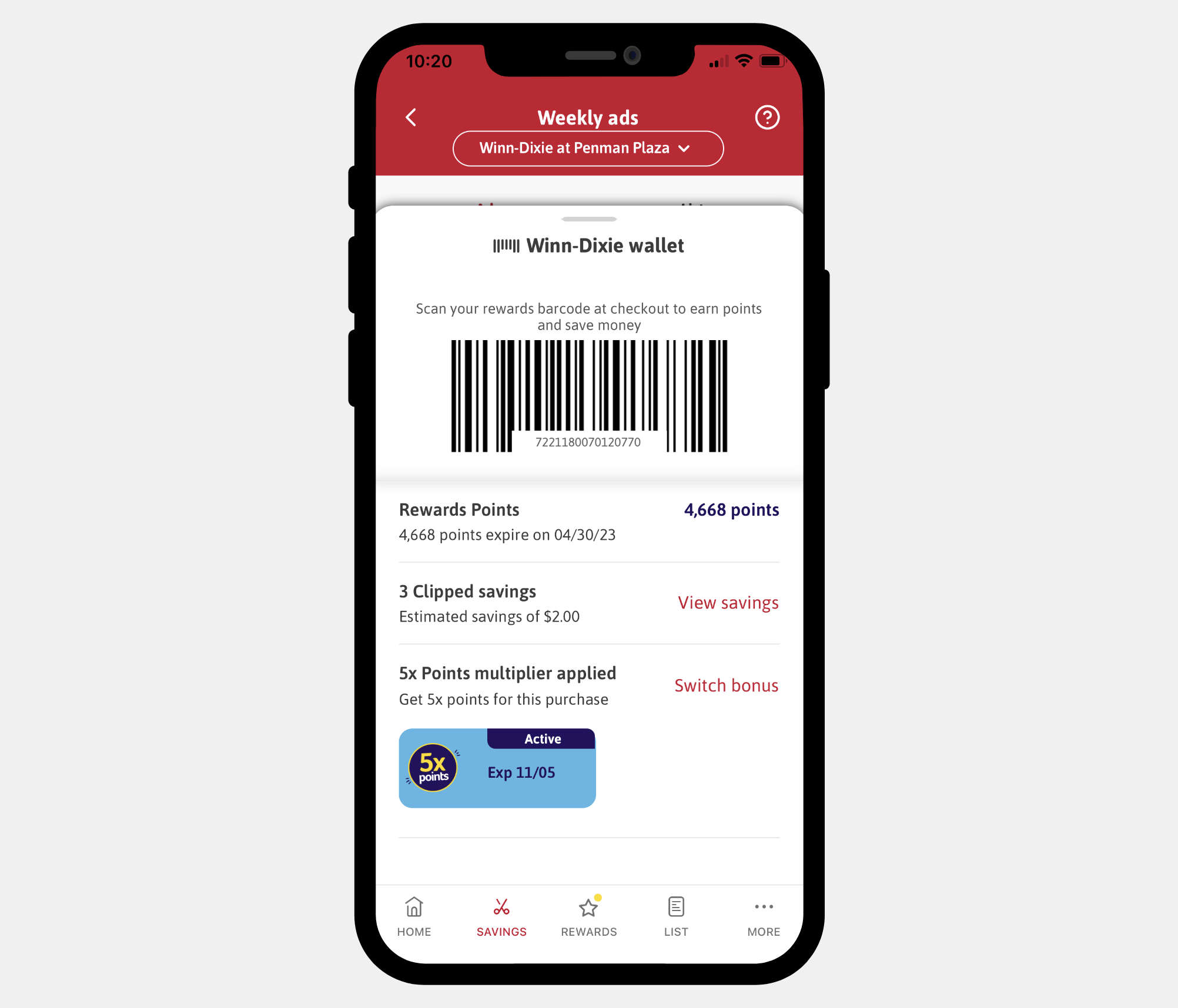 Image of the wallet feature on the Winn-Dixie app