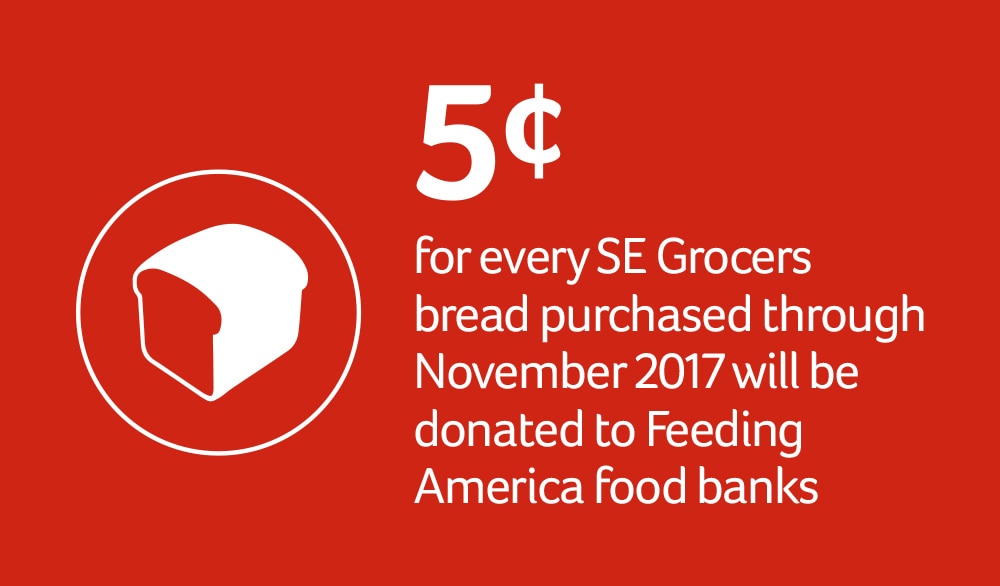 5ยข for every SE Grocers bread purchased through November 2017 will be donated to Feeding America food banks