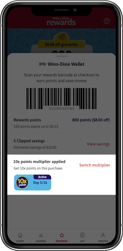 Phone screen showing activated points multiplier