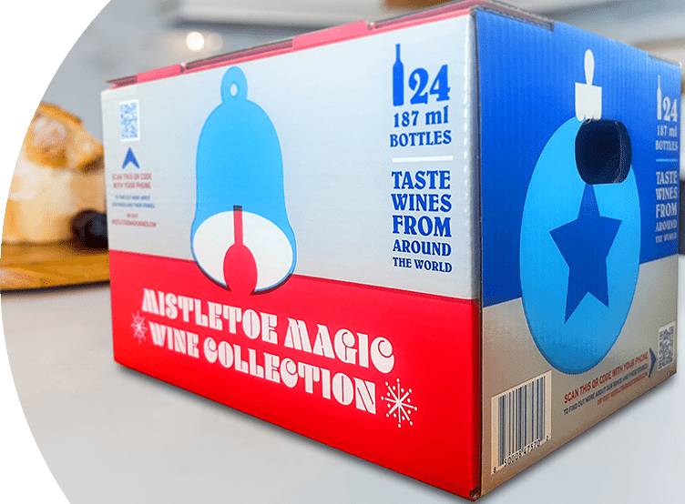 Box filled with 24 187ml bottles of wine with a label that says "Mistletoe Magic Wine Collection".