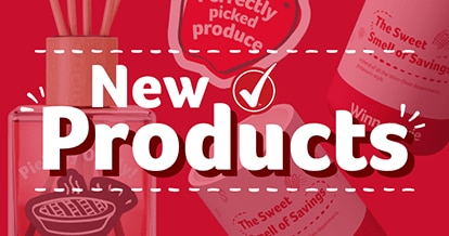 White text that reads "New products" on a red background with products.