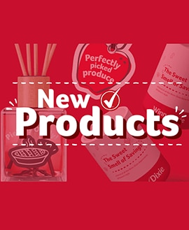 White text that reads "New products" on a red background with products.