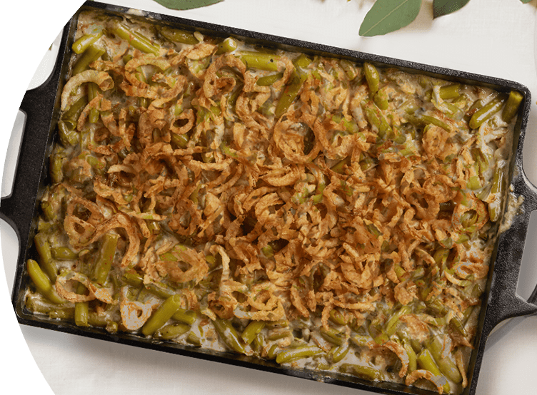 Green bean casserole on a pan.