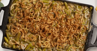 Green bean casserole on a pan.
