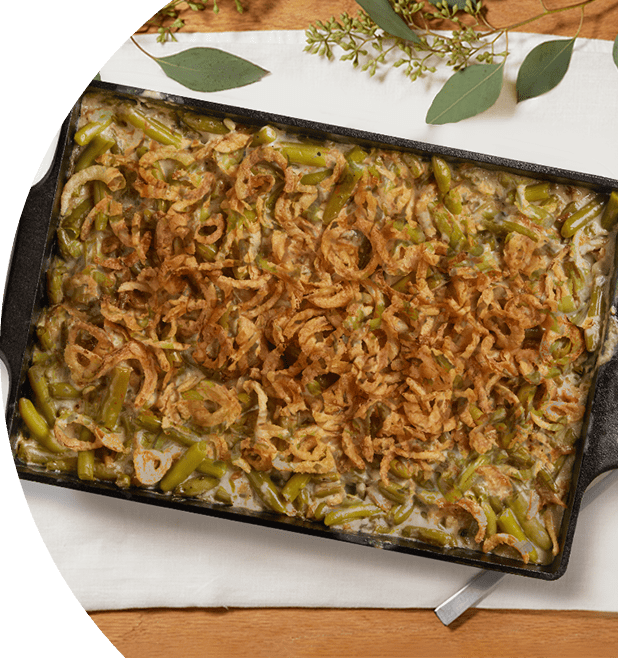 Green bean casserole on a pan.