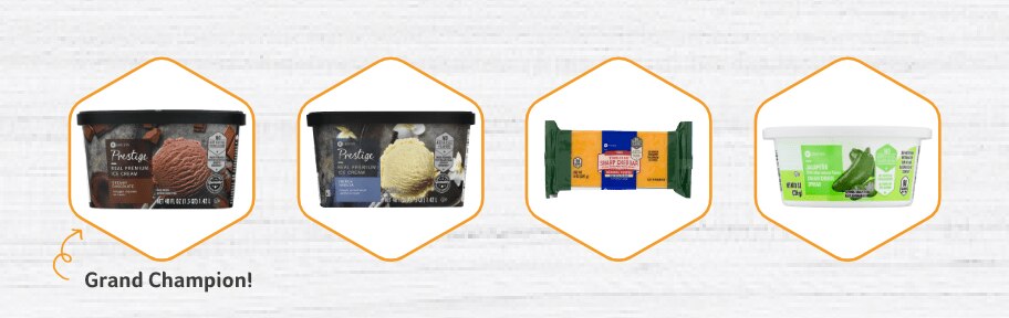 Row of SE Grocers products listed from left to right - Prestige Chocolate Ice Cream, Prestige French Vanilla Ice Cream, 2% Reduced Fat Sharp Cheddar Cheese Chunk, Soft Jalapeño Cream Cheese Spread