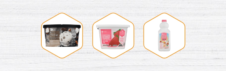 Row of SE Grocers products listed from left to right - Prestige Coconut Almond Fudge Ice Cream, Soft Strawberry Cream Cheese Spread, Fat Free Banana Berry with Probiotics Drinkable Yogurt
