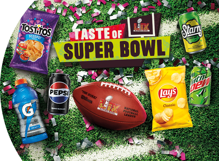 Image of Pepsi products and a football on a football field. Text that reads "taste of super bowl"