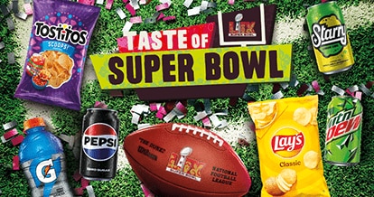 Image of Pepsi products and a football on a football field. Text that reads "taste of super bowl"