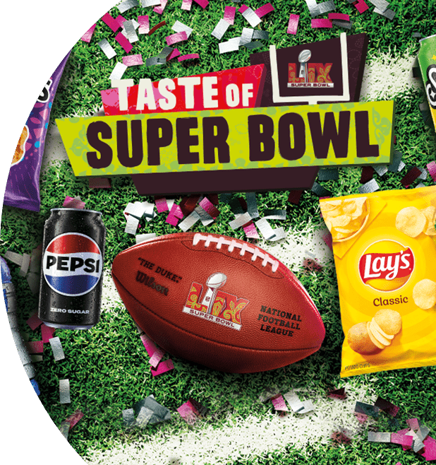 Image of Pepsi products and a football on a football field. Text that reads "taste of super bowl"