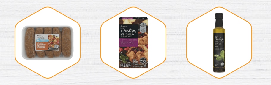 Row of SE Grocers products listed from left to right - naturally better All Natural Cajun Style Chicken Sausage, Prestige Apple Berry Blossoms®, and Prestige Extra Virgin Olive Oil