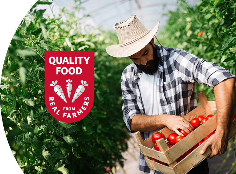 Male farmer holding a box of tomatoes with text that reads "quality food from real farmers"