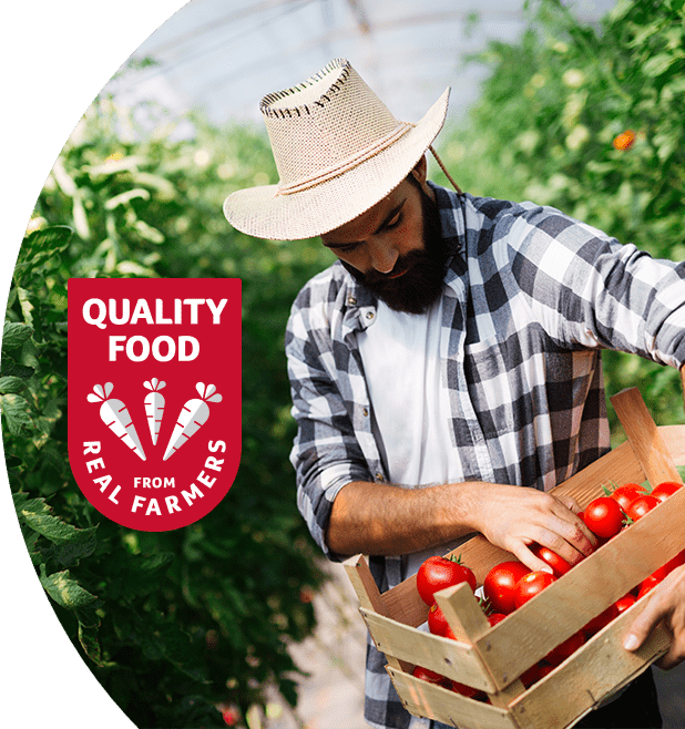 Male farmer holding a box of tomatoes with text that reads "quality food from real farmers"