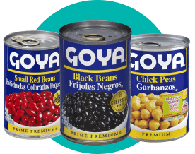 Product image of Goya Small Red Beans, Black Beans, and Chick Peas on a blue background.