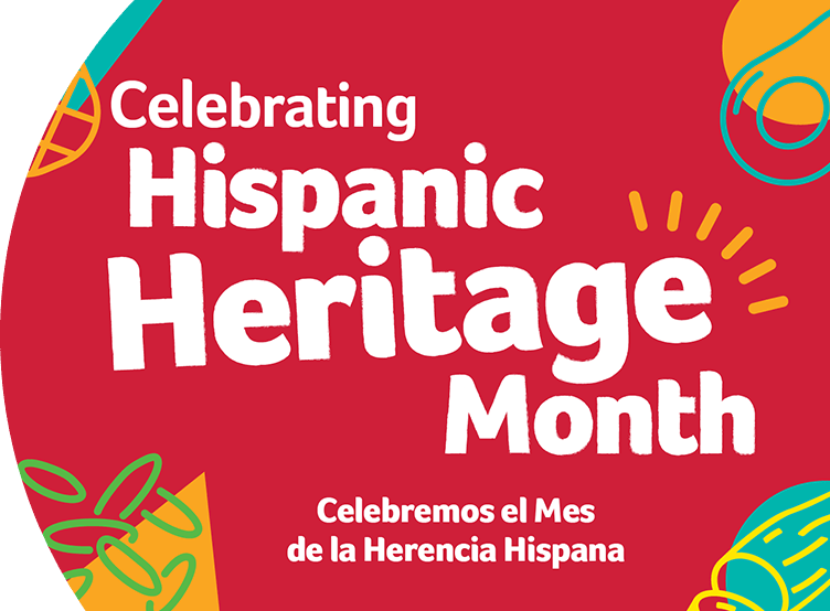 White text that reads "Celebrating Hispanic Heritage Month" and "Celebremos el Mes de la Herencia Hispana" on a red background.