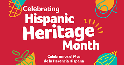 White text that reads "Celebrating Hispanic Heritage Month" and "Celebremos el Mes de la Herencia Hispana" on a red background.