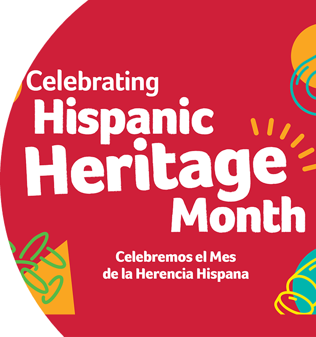White text that reads "Celebrating Hispanic Heritage Month" and "Celebremos el Mes de la Herencia Hispana" on a red background.