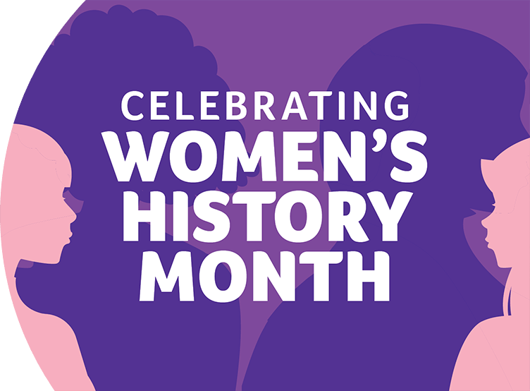 Text that reads "Womens history month" on a purple background with silhouettes of women 