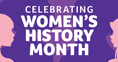 Text that reads "Womens history month" on a purple background with silhouettes of women 