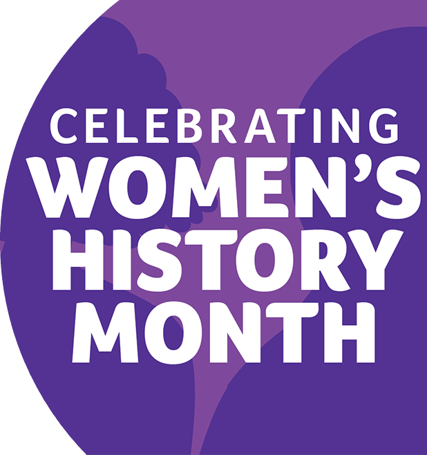 Text that reads "Womens history month" on a purple background with silhouettes of women 