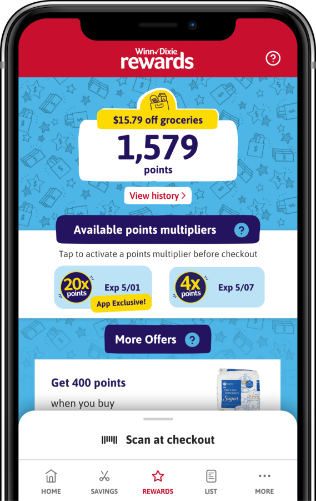 Phone screen showing the rewards section of the Winn-Dixie app.