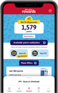 Phone screen showing the rewards section of the Winn-Dixie app.