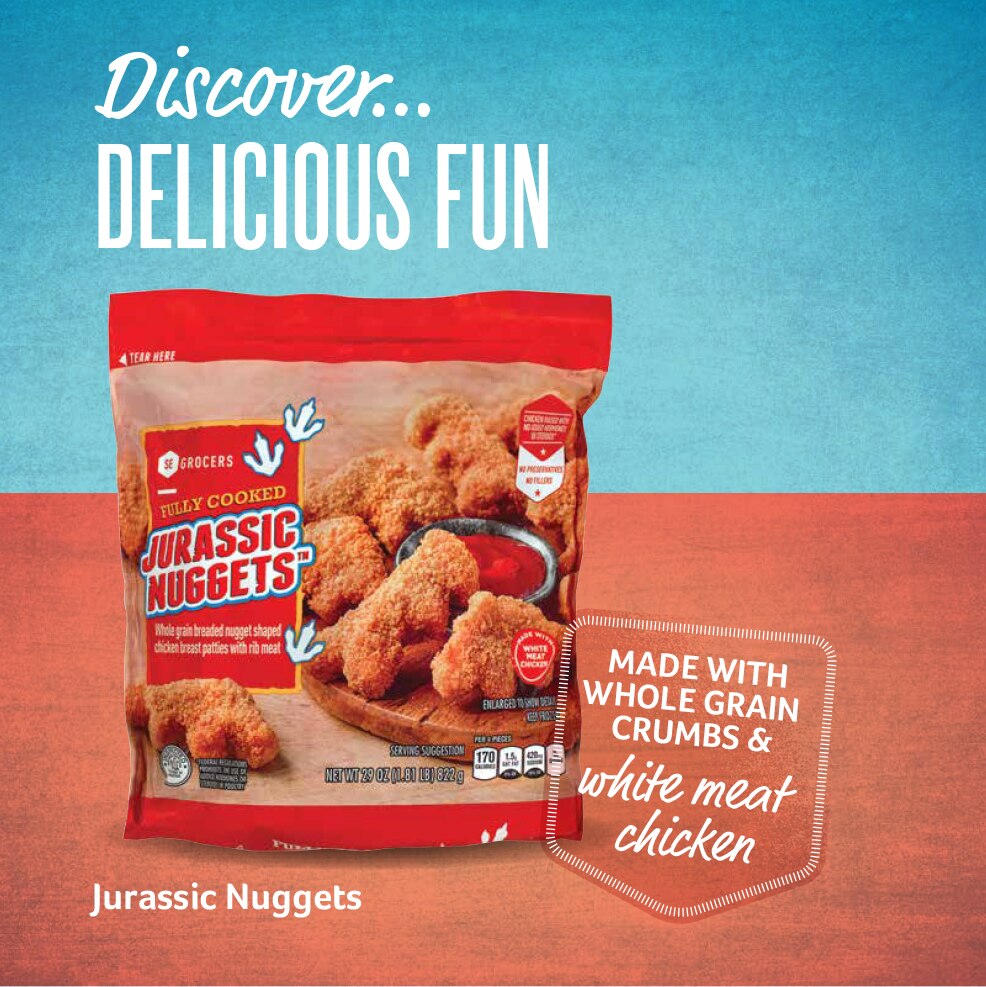 Discover Delicious Fun - SE Grocers Jurassic Nuggets - Made with Whole Grain Crumbs + white meat chicken