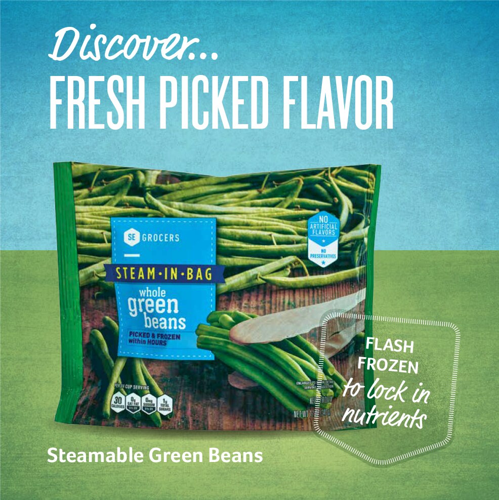 Discover Fresh Picked Flavor - Flash Frozen to lock in nutrients - Steamable Green Beans