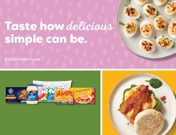 Kraft products on pastel color background with text that reads Taste how delicious simple can be.