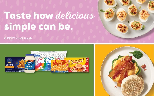 Kraft products on pastel color background with text that reads Taste how delicious simple can be.