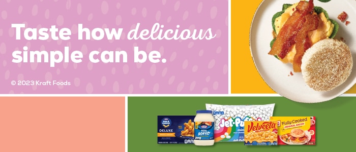 Kraft products on pastel color background with text that reads Taste how delicious simple can be.
