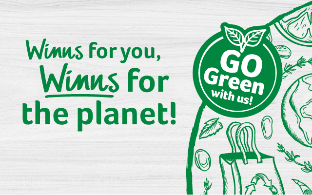 Winns for you, Winns for the planet!' next to 'GO Green with us!' badge, on a doodled, eco-themed white wood background 