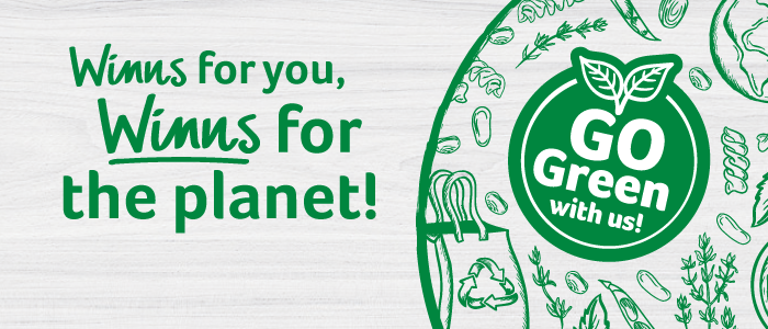Winns for you, Winns for the planet!' next to 'GO Green with us!' badge, on a doodled, eco-themed white wood background
