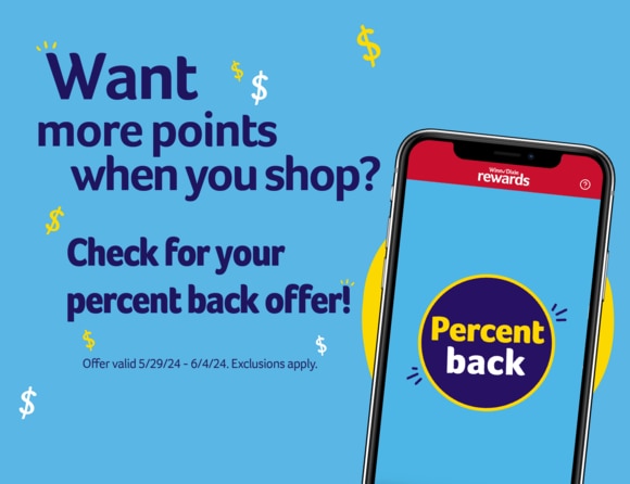 Percent back' offer with a smartphone displaying the Winn-Dixie rewards app. Text reads 'Want more points when you shop? Check for your percent back offer!' with dollar signs on a blue background. Offer valid 5/29/24 - 6/4/24.