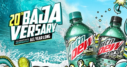 20th Baja-versary. Celebrate with MTN Dew Baja Blast all year long. Wave background with 2 bottles of MTN Dew Baja Blast.