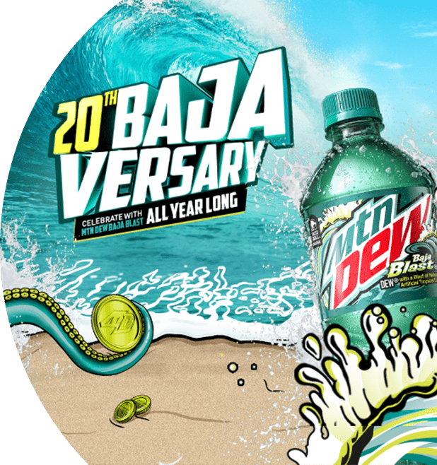 20th Baja-versary. Celebrate with MTN Dew Baja Blast all year long. Wave background with 2 bottles of MTN Dew Baja Blast.