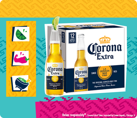 A 12-pack of Corona Extra beer, featuring the iconic blue and yellow packaging with the logo prominently displayed.