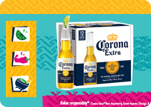 A 12-pack of Corona Extra beer, featuring the iconic blue and yellow packaging with the logo prominently displayed.