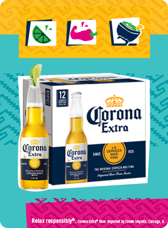 A 12-pack of Corona Extra beer, featuring the iconic blue and yellow packaging with the logo prominently displayed.